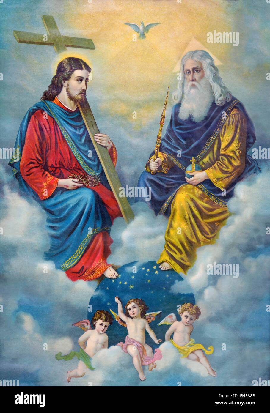 SEBECHLEBY, Slovacchia - 27 febbraio 2016: tipica immagine cattolica della Santissima Trinità stampato in Germania. Foto Stock