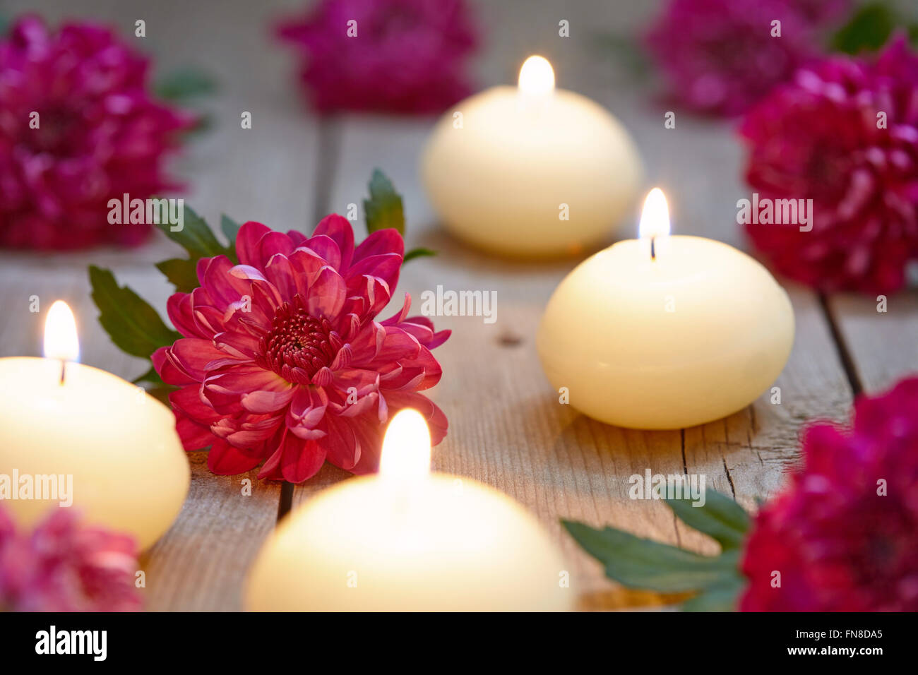 Tema Spa con candele e fiori Foto Stock