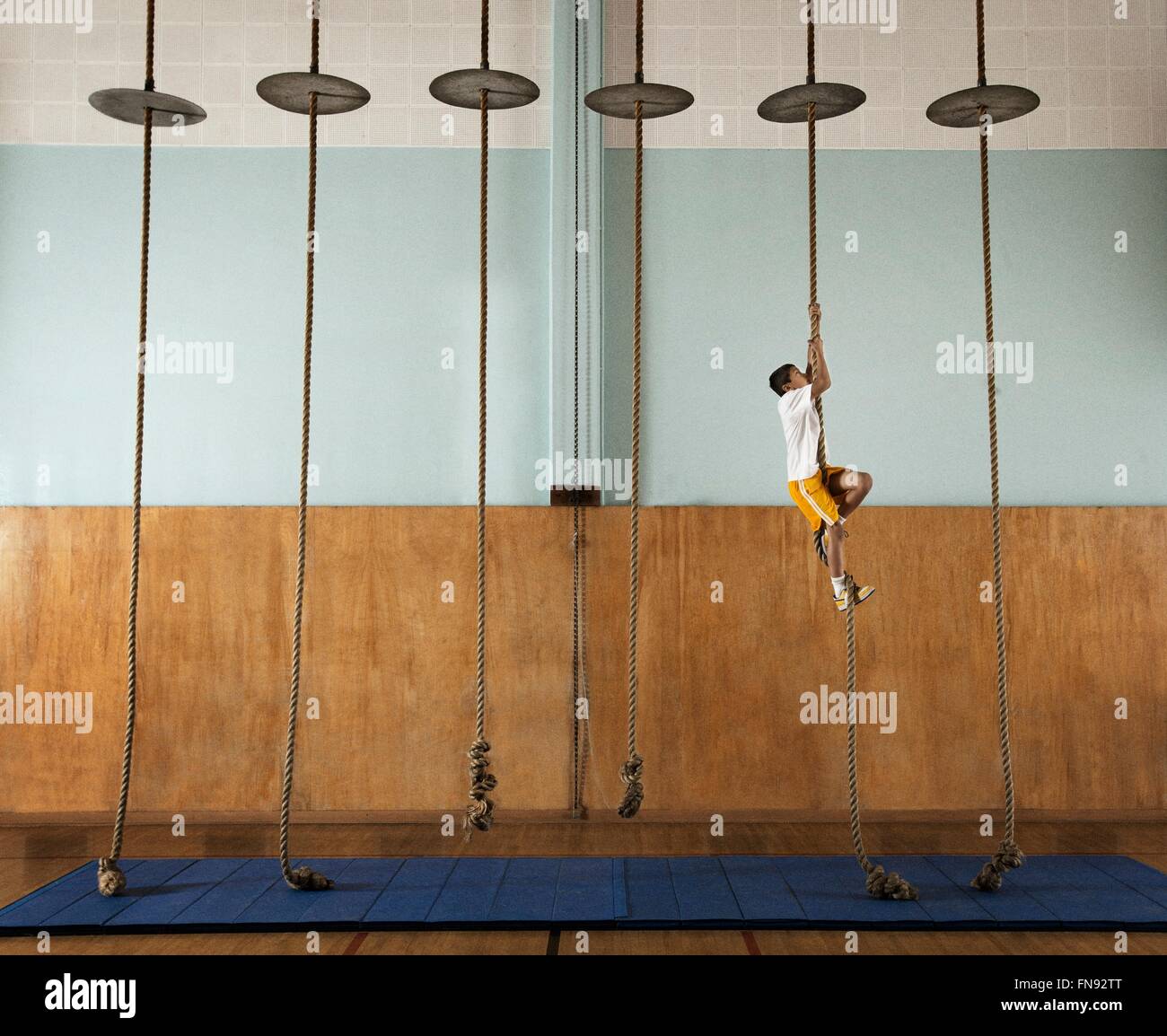Un bambino a scalare una corda in una palestra della scuola. Foto Stock