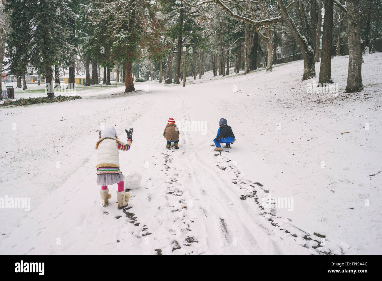 Due ragazzi e una ragazza snowballs rotolamento giù per la collina in un parco Foto Stock