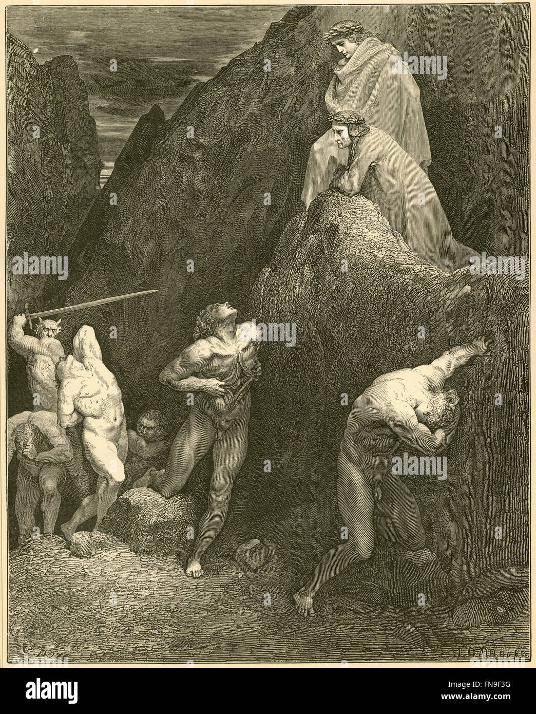 Antique circa 1890 incisione, Inferno di Dante da Gustave Dore, Canto XXVIII linee 30-31, "ora contrassegnare come posso fare il rip di me: ecco! Come è Maometto mangled." Fonte: incisione originale. Foto Stock