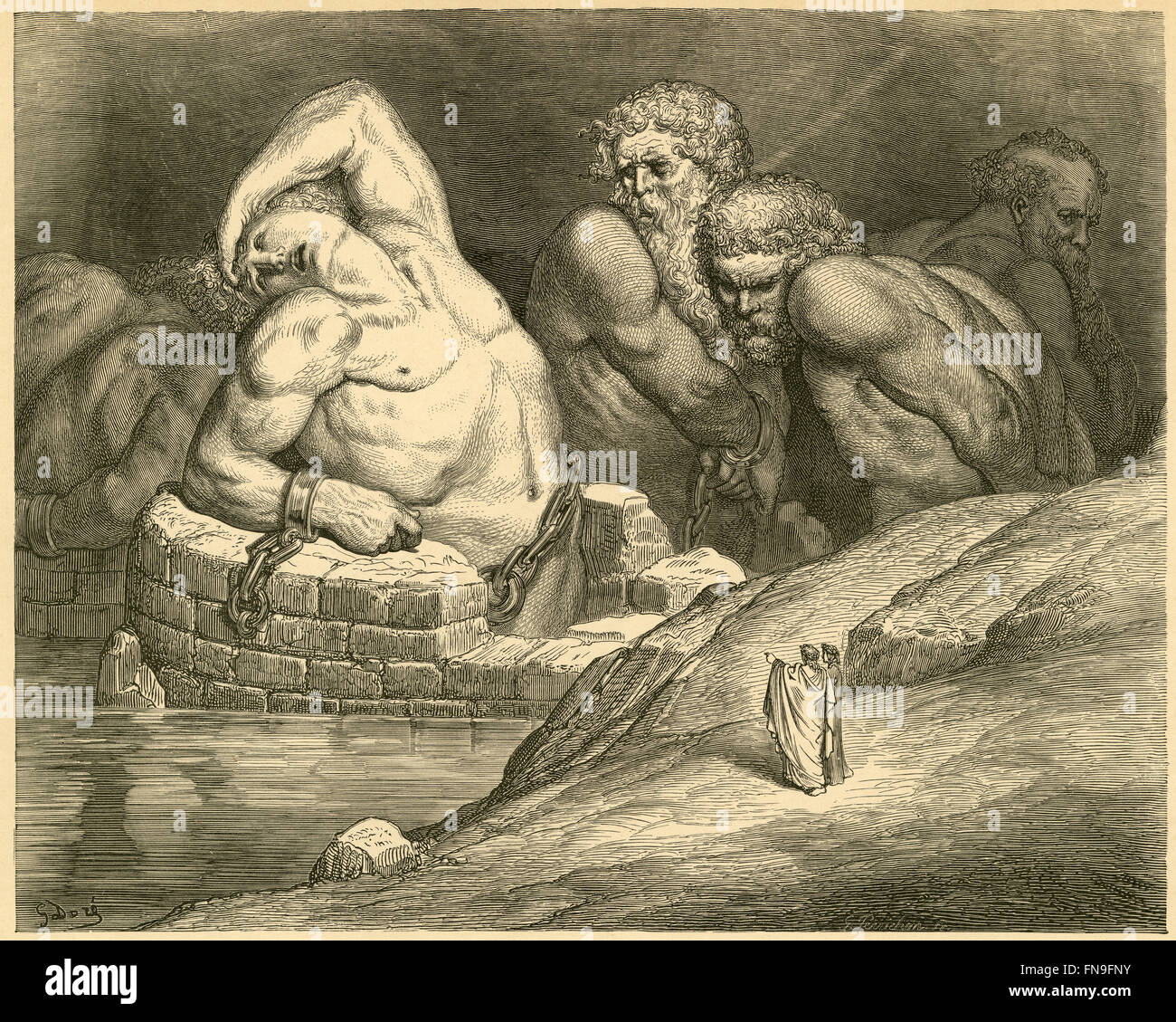 Antique circa 1890 incisione, Inferno di Dante da Gustave Dore, Canto XXXI linee 82-84, "questa fiera uno sarebbe la sua forza contro l'onnipotente Giove fare prova." Fonte: incisione originale. Foto Stock