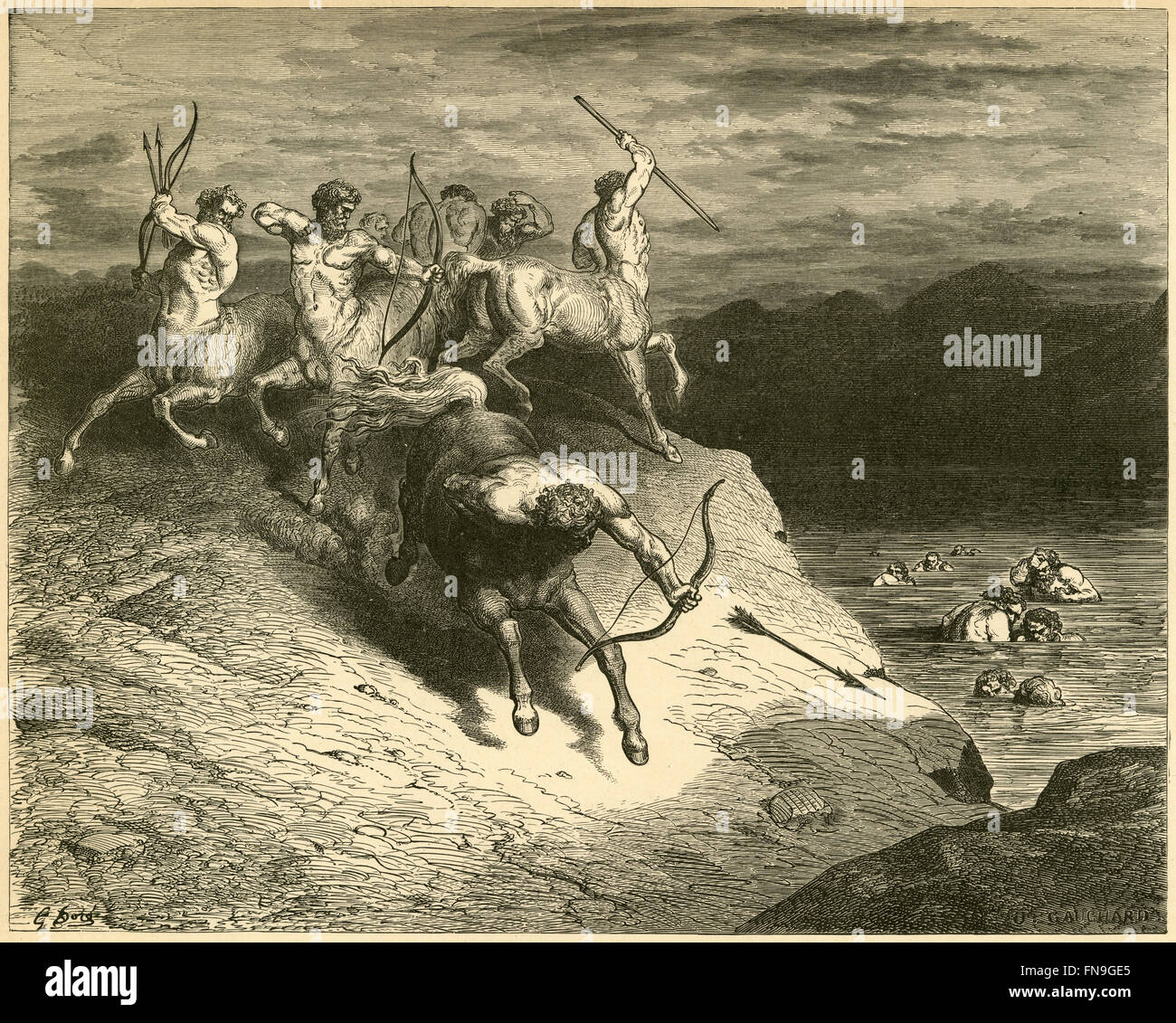 Antique circa 1890 incisione, Inferno di Dante da Gustave Dore, canto XII linee 73-74, "noi a quelle bestie, che la rapida progredito lungo, si avvicinò." Fonte: incisione originale. Foto Stock