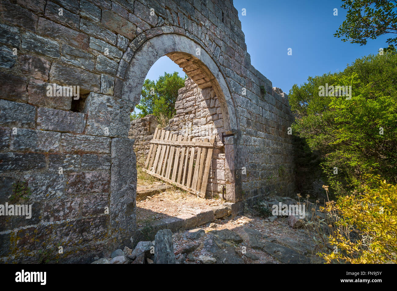 Porta vecchia in una fortezza di pietra parete Foto Stock