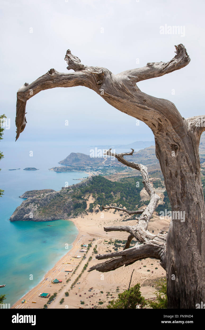 Arhangelos, Rodi, Egeo Meridionale, Grecia. Vista sulla spiaggia di Tsambika dalla collina del monastero. Foto Stock