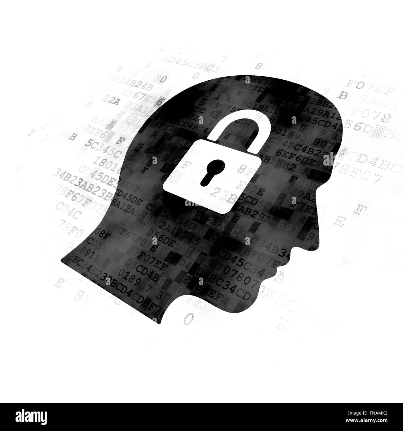 Il concetto di informazione: Testa con lucchetto sullo sfondo digitale Foto Stock