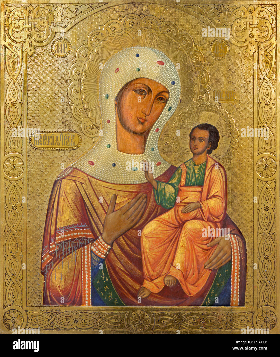 Betlemme, Israele - 6 Marzo 2015: l'icona della Madonna nella chiesa siro-ortodossa di artista sconosciuto del 19. cento. Foto Stock