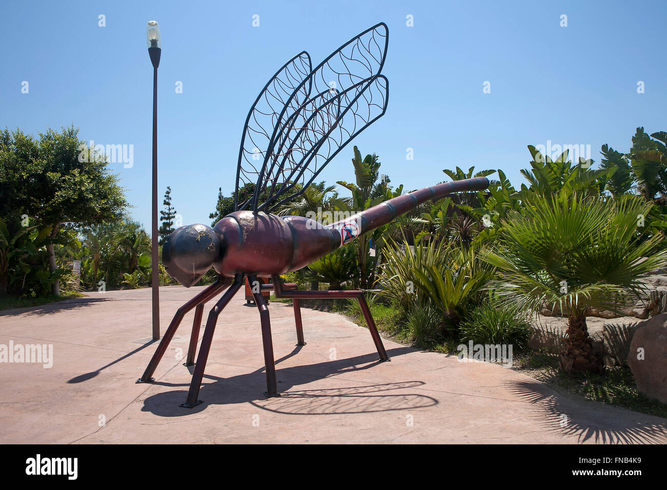 Benidorm-Jun 10, 2015: ingresso a Terra Natura Zoo di Benidorm. Una gigantesca statua di una libellula all'ingresso allo zoo. Foto Stock