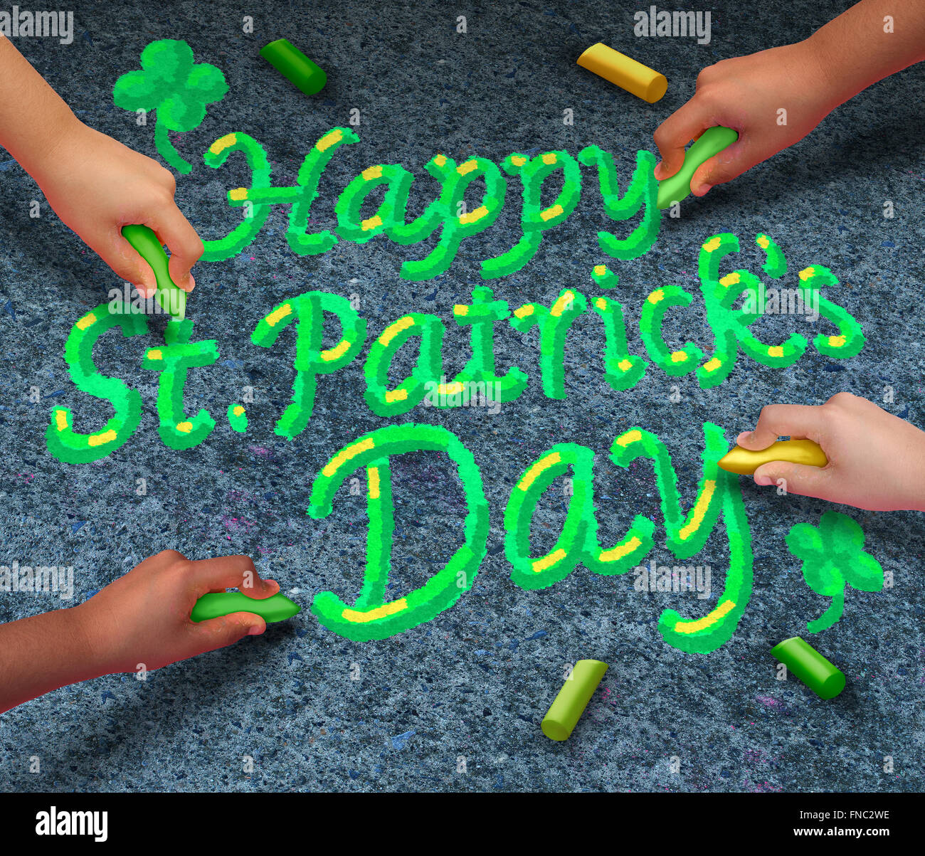 Happy Saint Patricks giorno nozione come un gruppo di diverse persone provenienti insieme disegno green St Patrick day testo con chalk come Foto Stock
