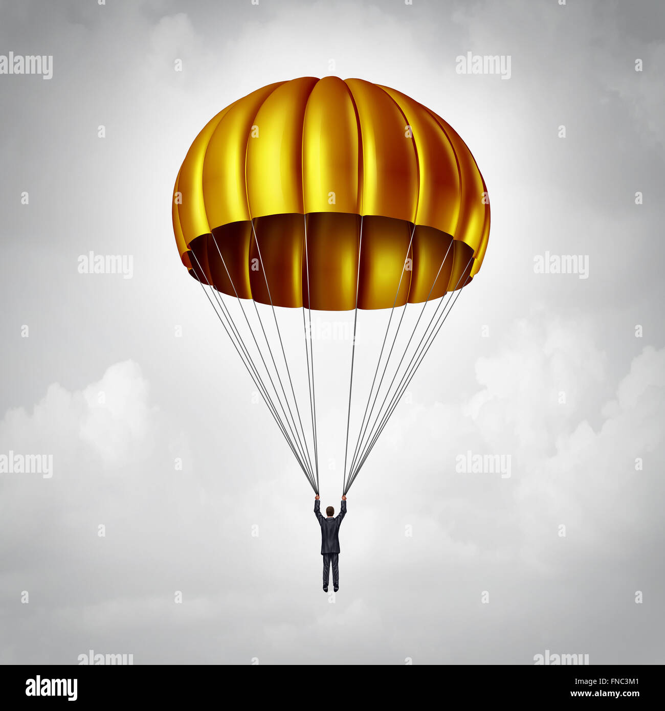 Golden parachute nozione come un imprenditore di paracadutismo giù in modo sicuro con un oro di atterraggio come i vantaggi aziendali e simbolo di aggiudicazione di un contratto aziendale con un dirigente dipendente che sta scendendo o dimettersi. Foto Stock