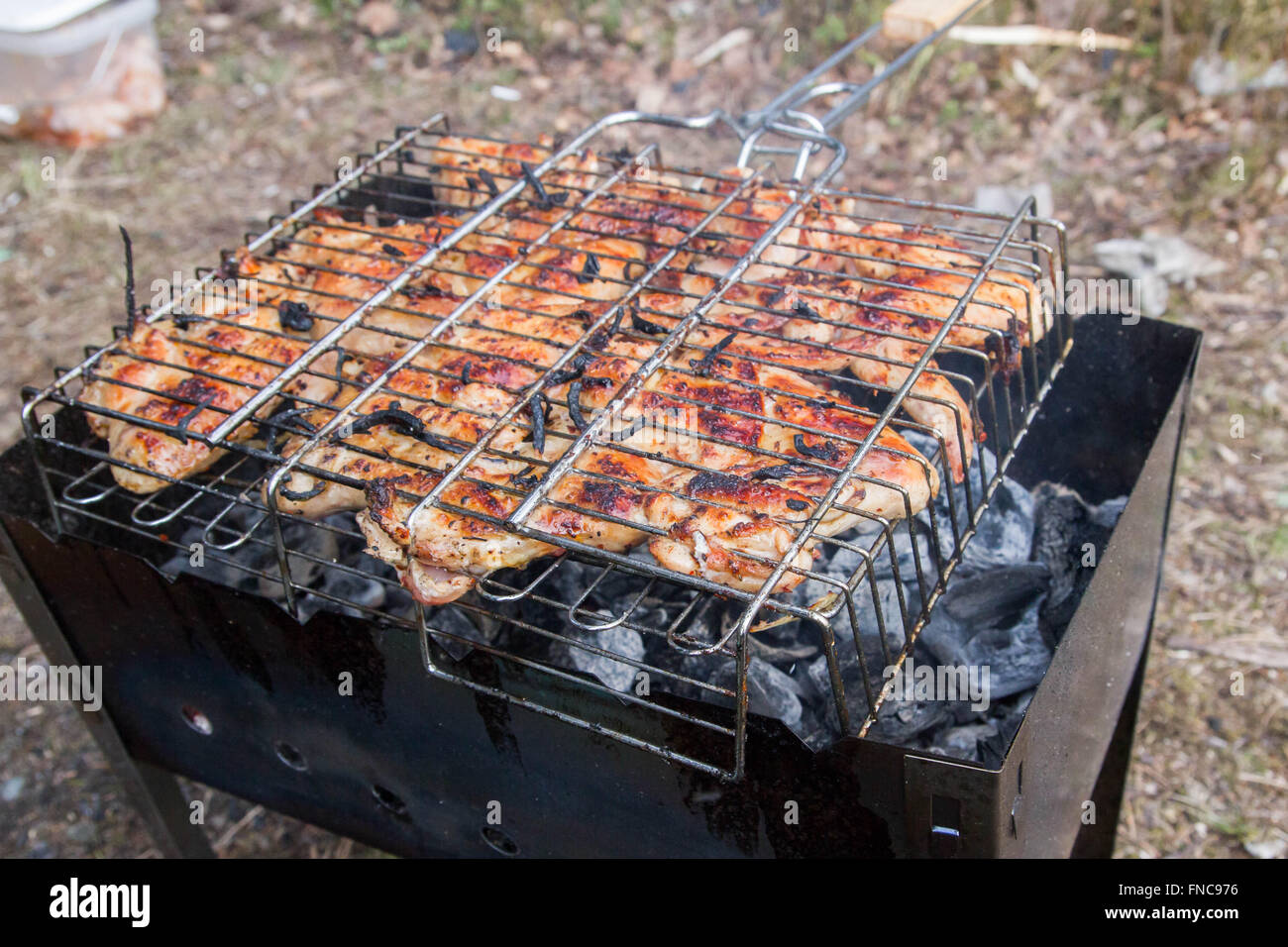 La cottura di ali di pollo alla griglia nella foresta Foto Stock