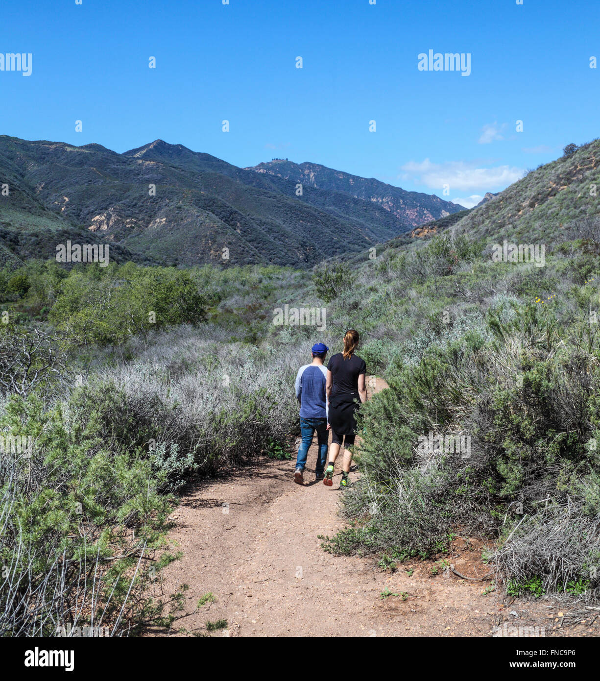 Gli escursionisti a piedi giù per la vista oceano Trail a Zuma Canyon in Malibu Foto Stock