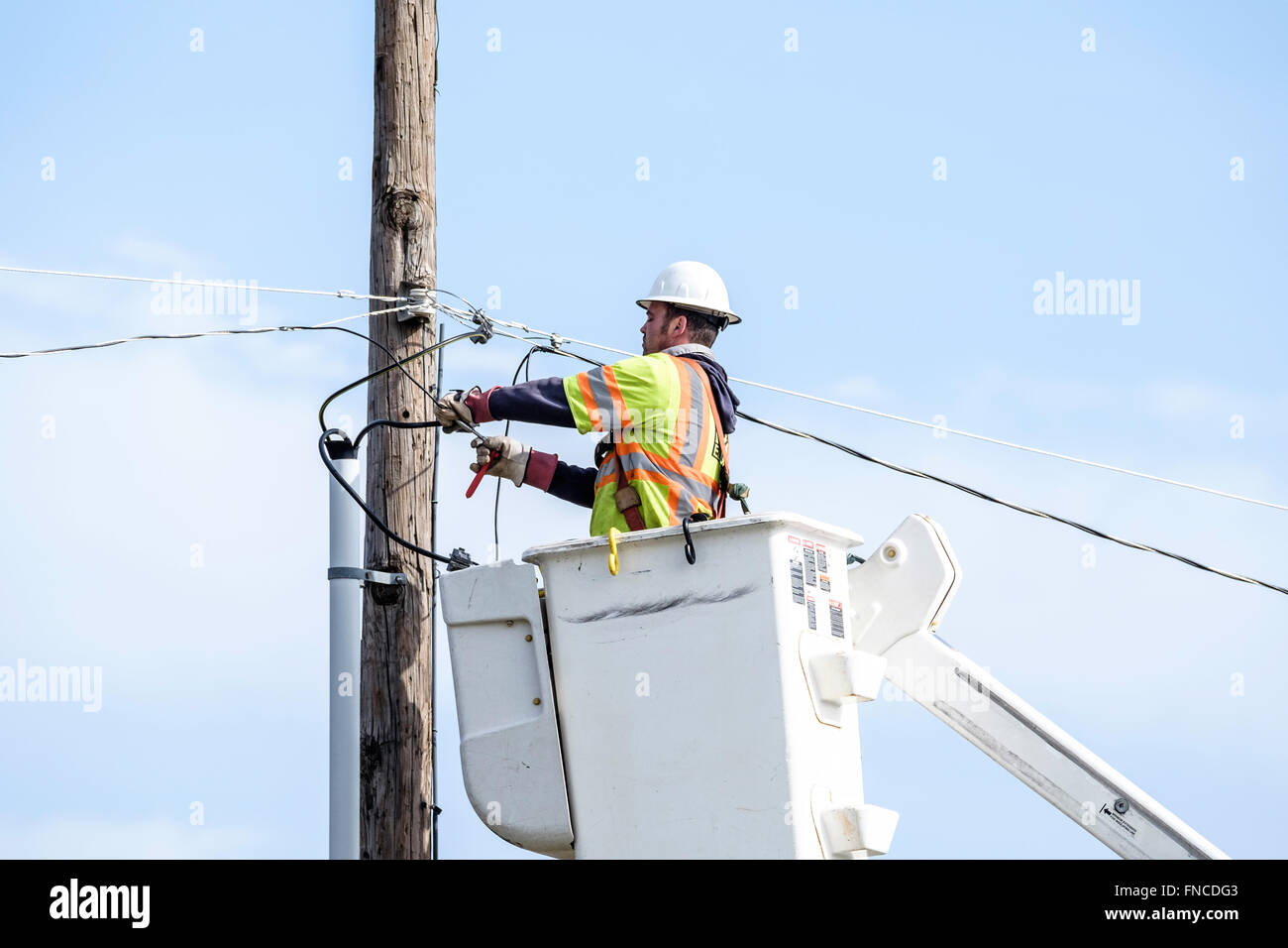 Un American lineman riparazioni linee elettriche aeree da sollevare la benna in Oklahoma City, Oklahoma, Stati Uniti d'America. Foto Stock