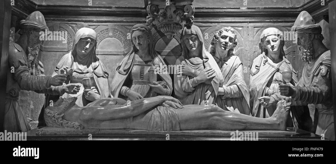 Bruxelles, BRUSSESL - GIUGNO 22,2012: unzione di Gesù nel sepolcro di San Michele e Santa Gudula Cathedral. Foto Stock