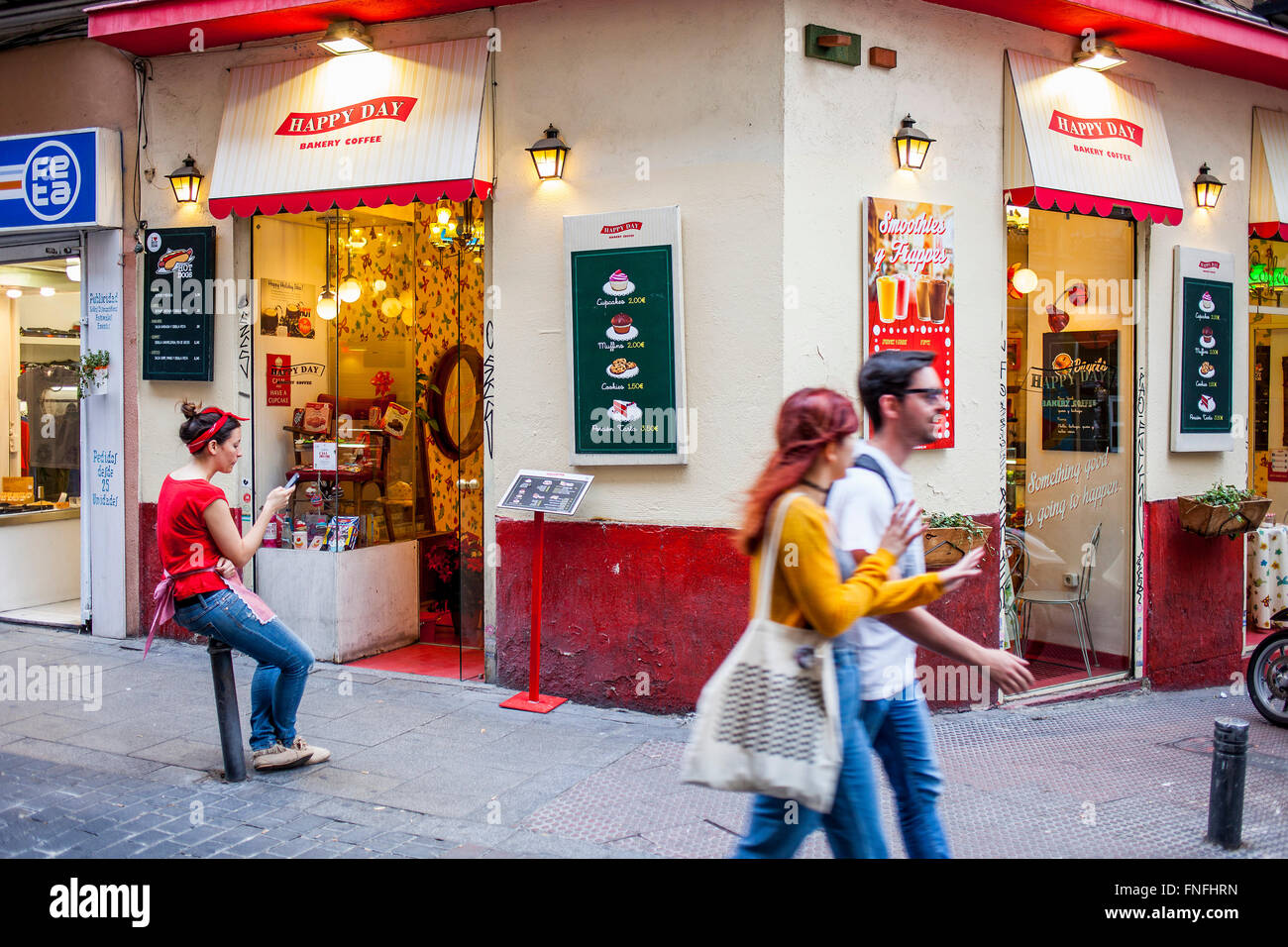 Happy Day, Calle del Espiritu Santo 9, nel quartiere Malasana. Madrid, Spagna Foto Stock