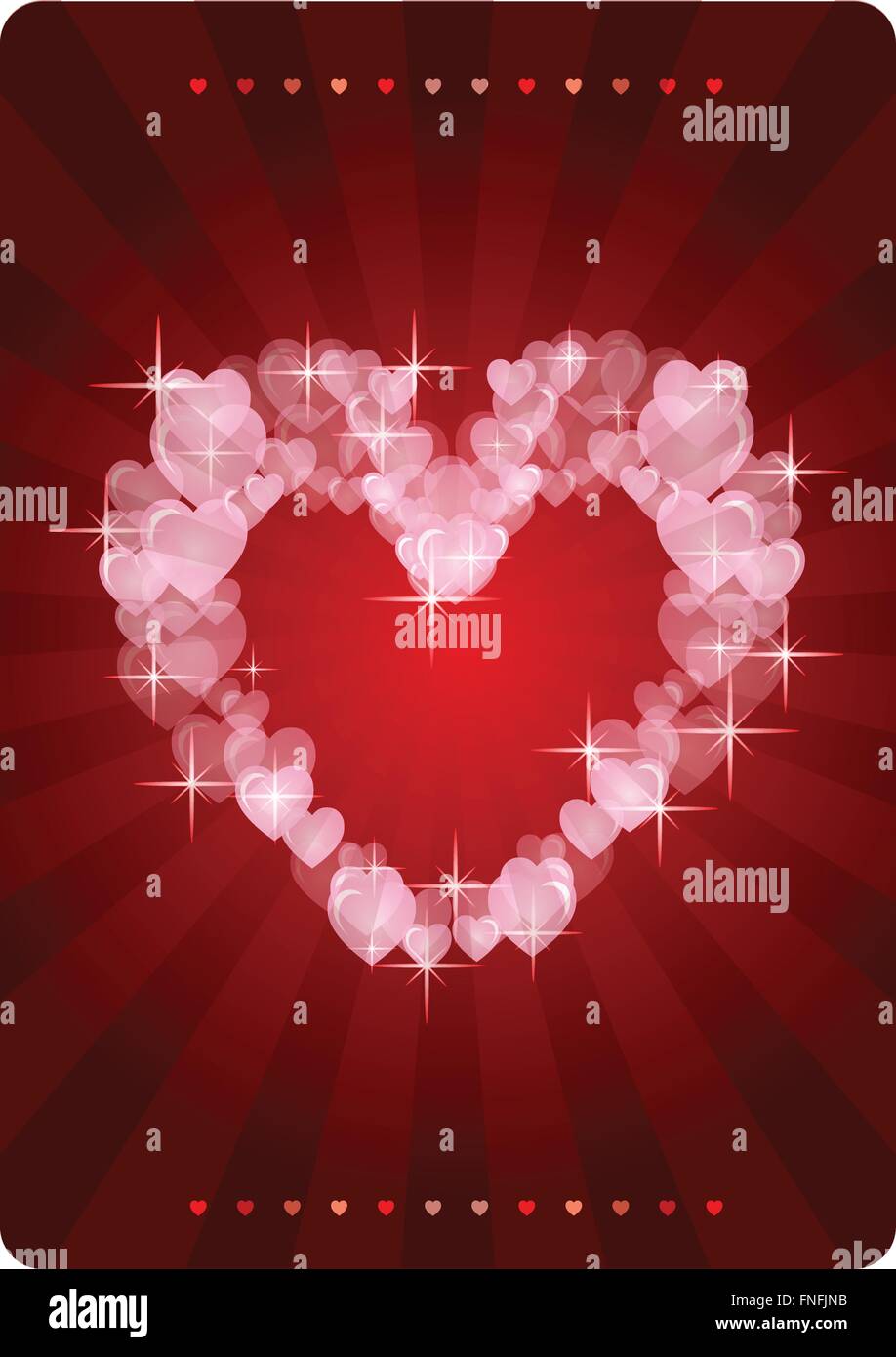 Dolce molti cuori trasparente effetto su sfondo rosso con effetti di luci di stelle biglietto di auguri Illustrazione Vettoriale