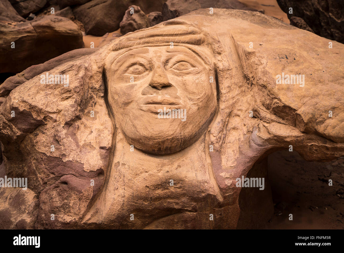 Incisioni rupestri nella roccia nel Wadi Rum deserto del sud del Regno Hascemita di Giordania, Medio Oriente. Foto Stock