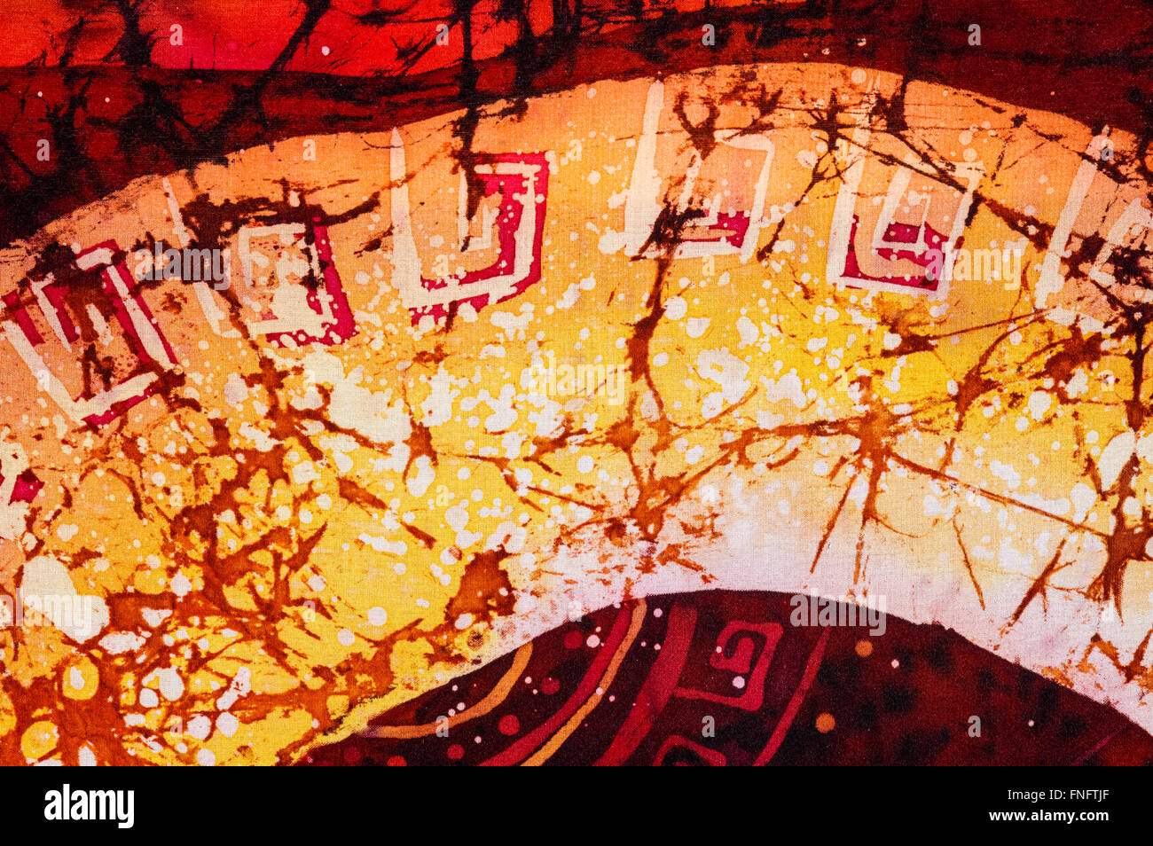Ornamento, hot batik, sfondo arancione e rosso, tessitura a mano su seta, astratta e surrealismo arte Foto Stock