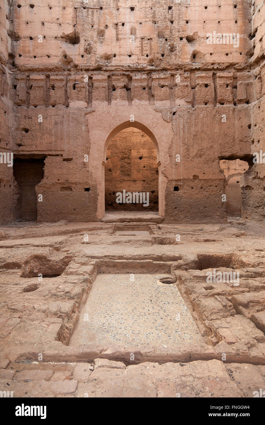 Le rovine di un palazzo costruito da Saadi Sultan Ahmed el Mansour Palais El Badii, Marrakech marocco Foto Stock