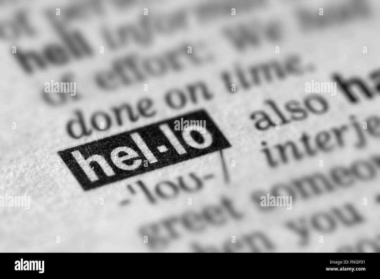 Definizione Hello Word testo nella pagina del dizionario Foto Stock