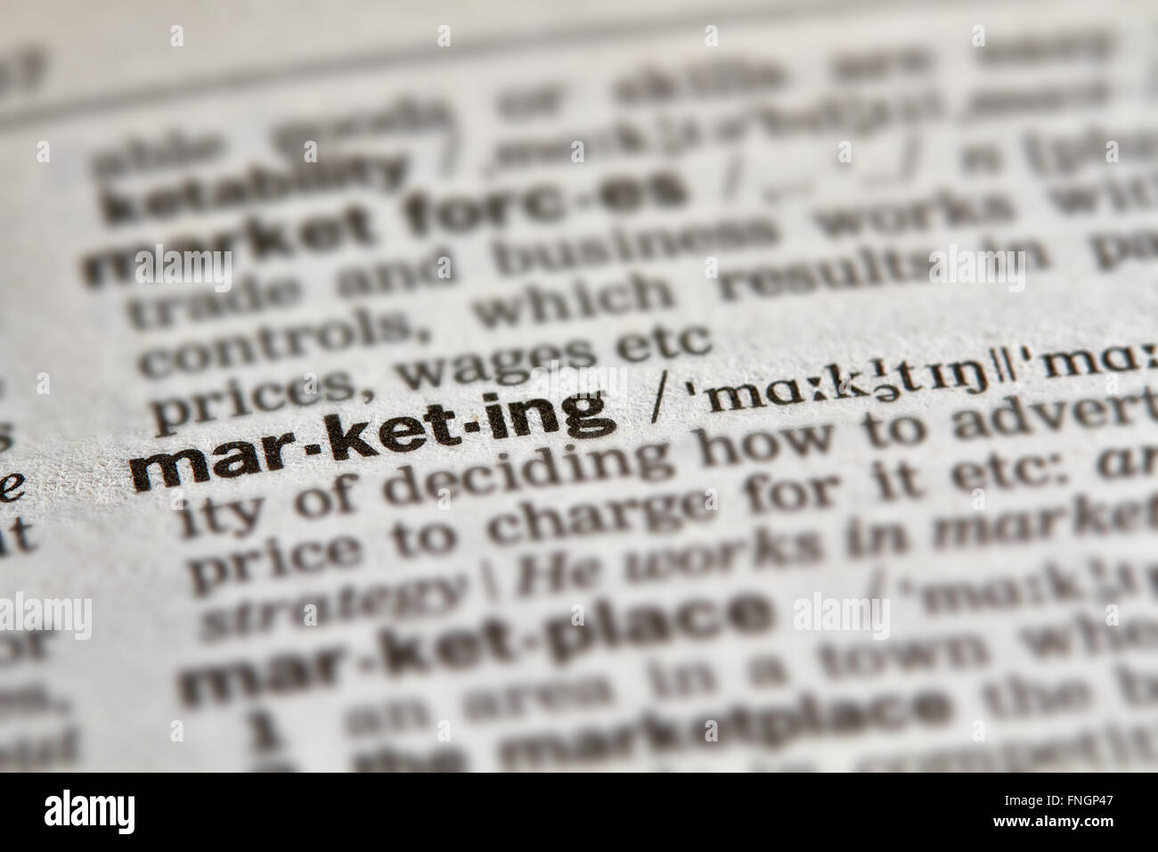 Marketing Parola Definizione testo nella pagina del dizionario Foto Stock