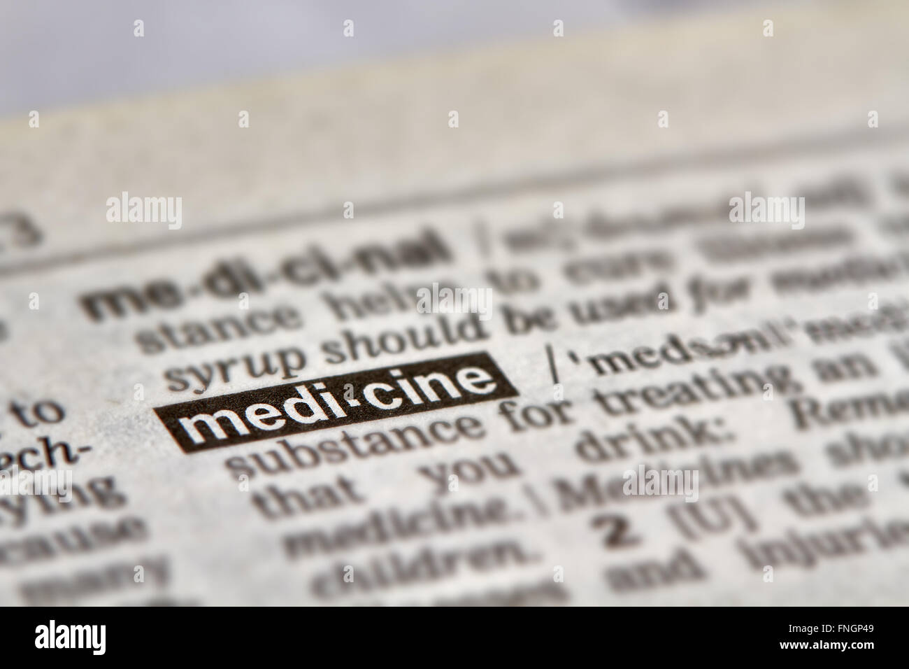 Medicina definizione parola di testo nella pagina del dizionario Foto Stock