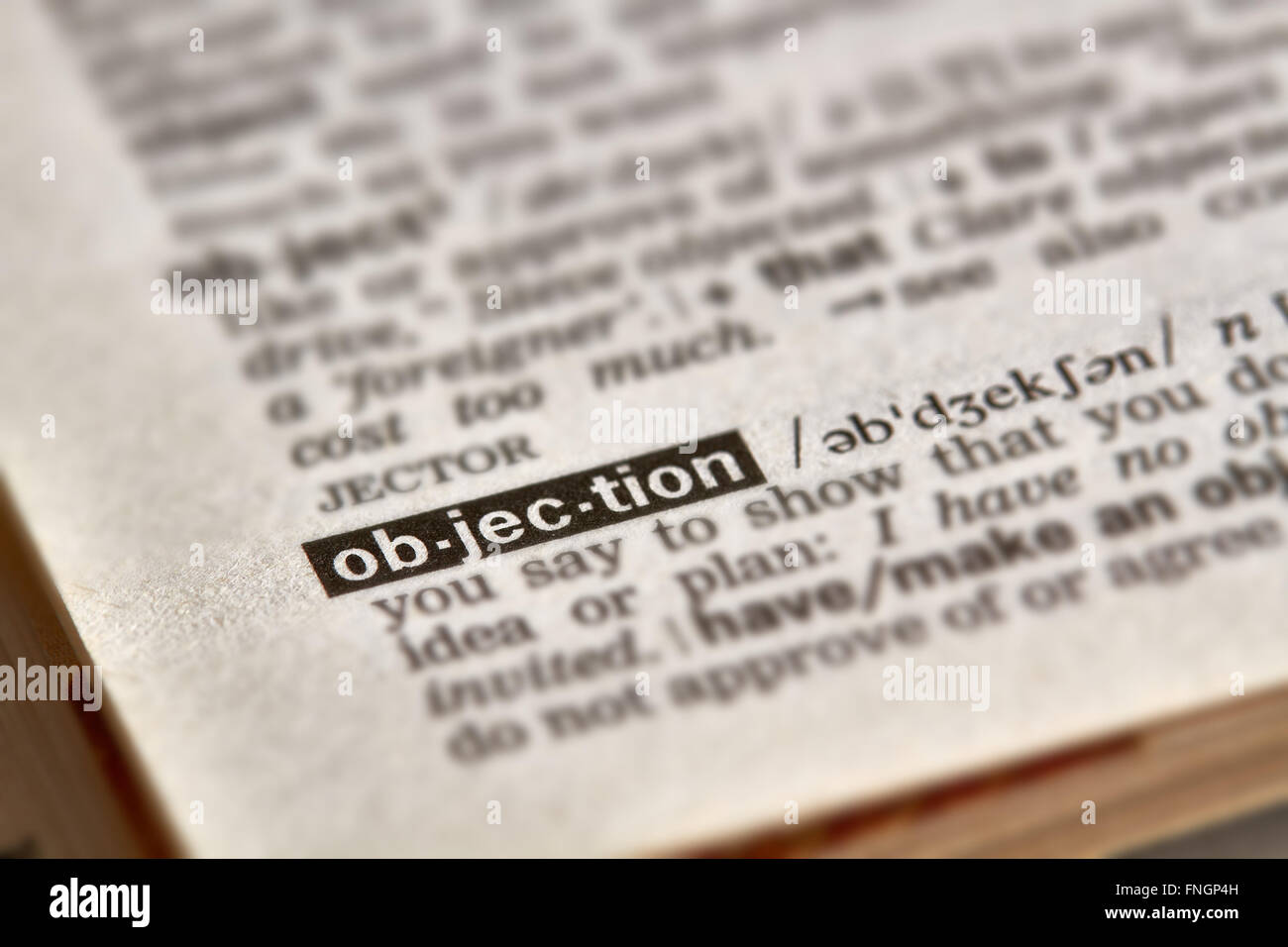 Obiezione definizione parola di testo nella pagina del dizionario Foto Stock