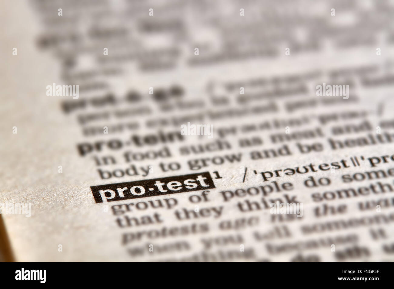 Protesta definizione parola di testo nella pagina del dizionario Foto Stock