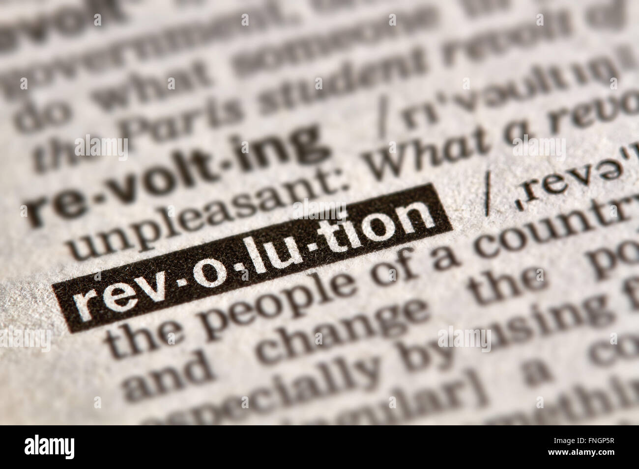 Rivoluzione definizione parola di testo nella pagina del dizionario Foto Stock