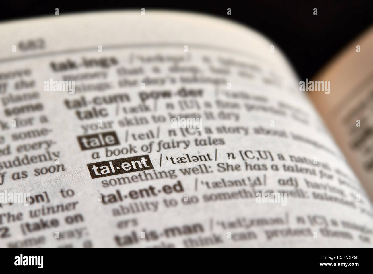 Talento definizione parola di testo nella pagina del dizionario Foto Stock