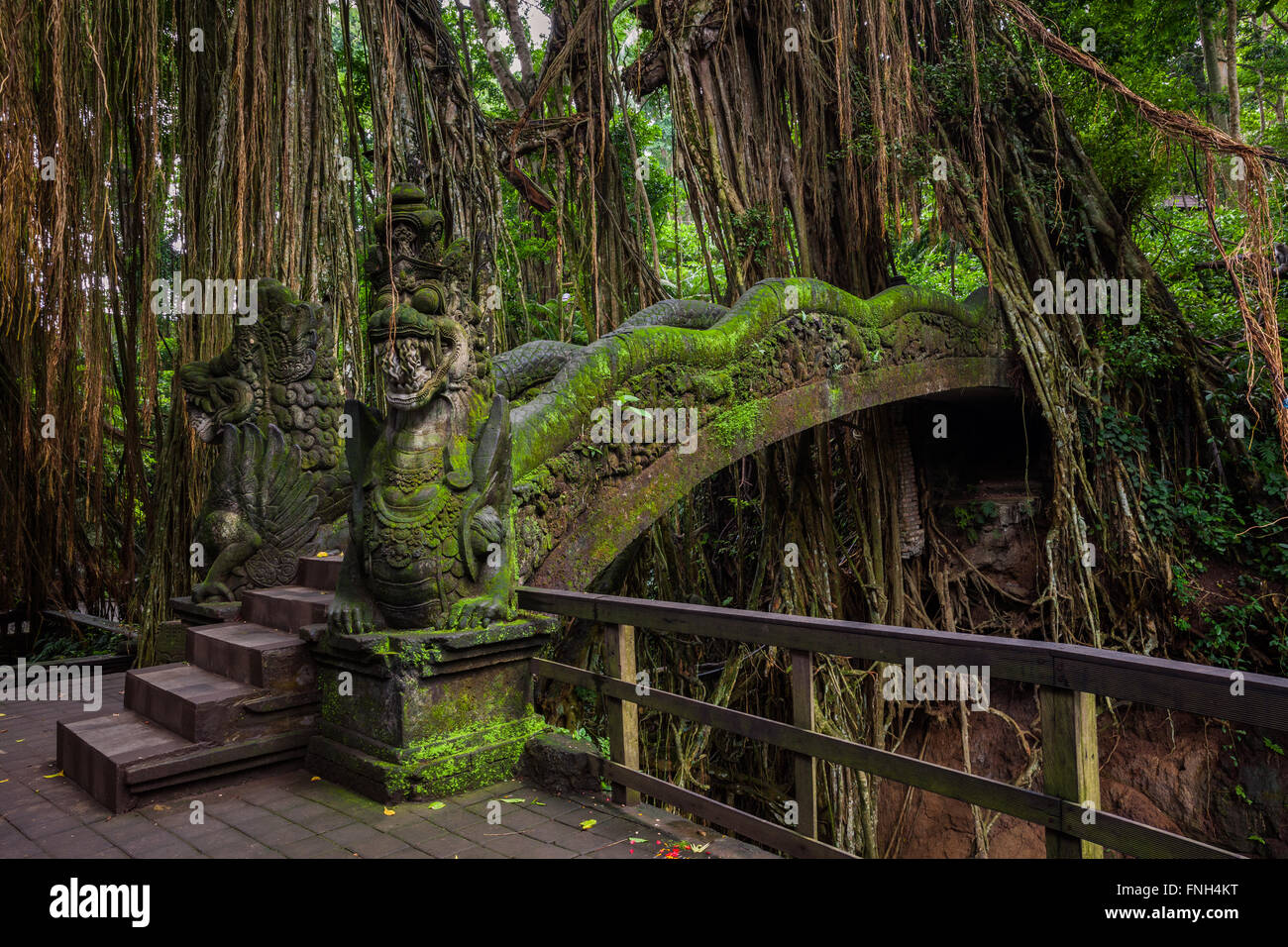 Dragon Bridge nel sacro Santuario della Foresta delle Scimmie, Ubud, Bali, Indonesia Foto Stock