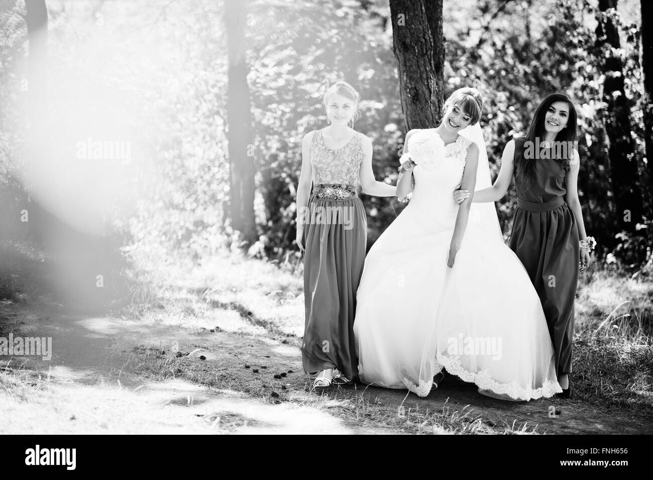 Carino sposa con due damigelle sul velluto abito verde Foto Stock