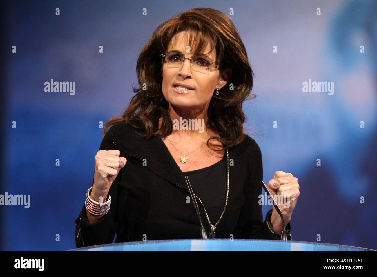 Ex Alaskan governatore Sarah Palin indirizzi annuali di conservatore americano Unione CPAC conferenza presso il Porto Nazionale Marzo 16, 2013 in Oxon Hill, Maryland. Foto Stock