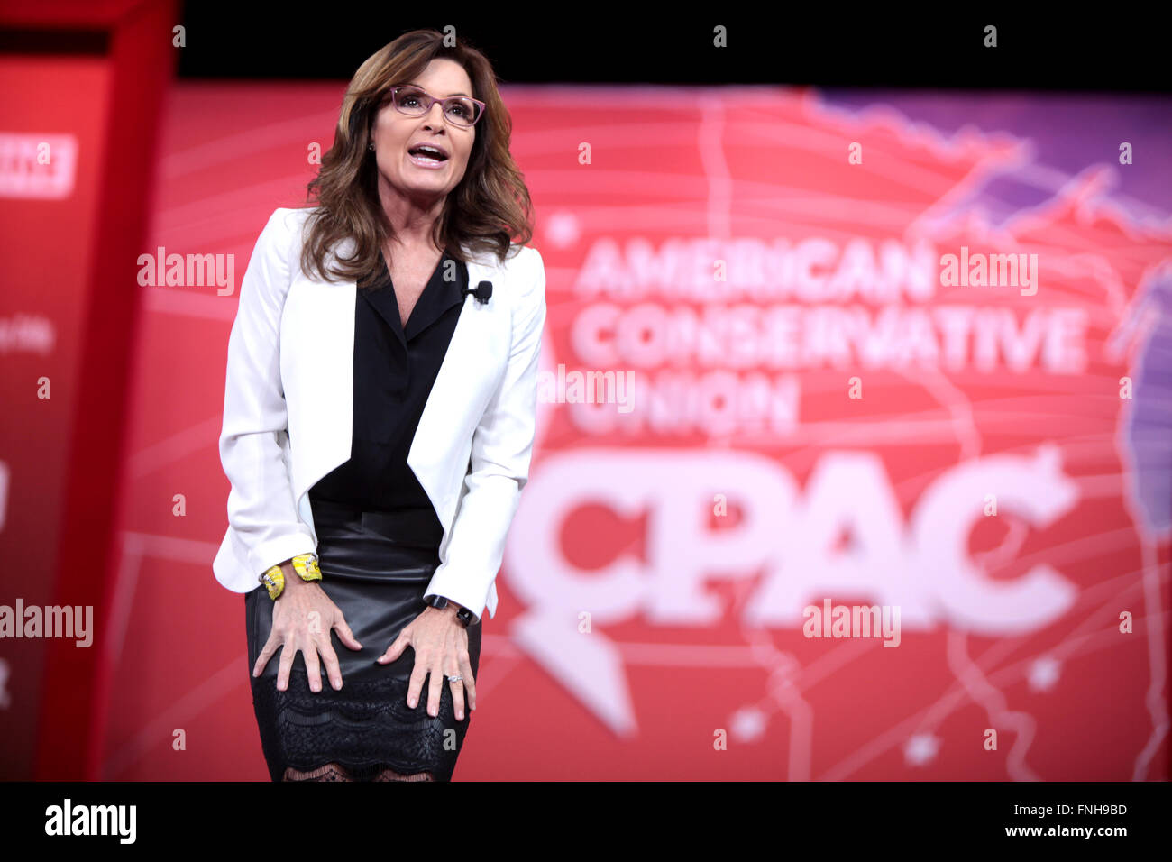 Ex Alaskan governatore Sarah Palin indirizzi annuali di conservatore americano Unione CPAC conferenza presso il Porto Nazionale Febbraio 26, 2015 in Oxon Hill, Maryland. Foto Stock