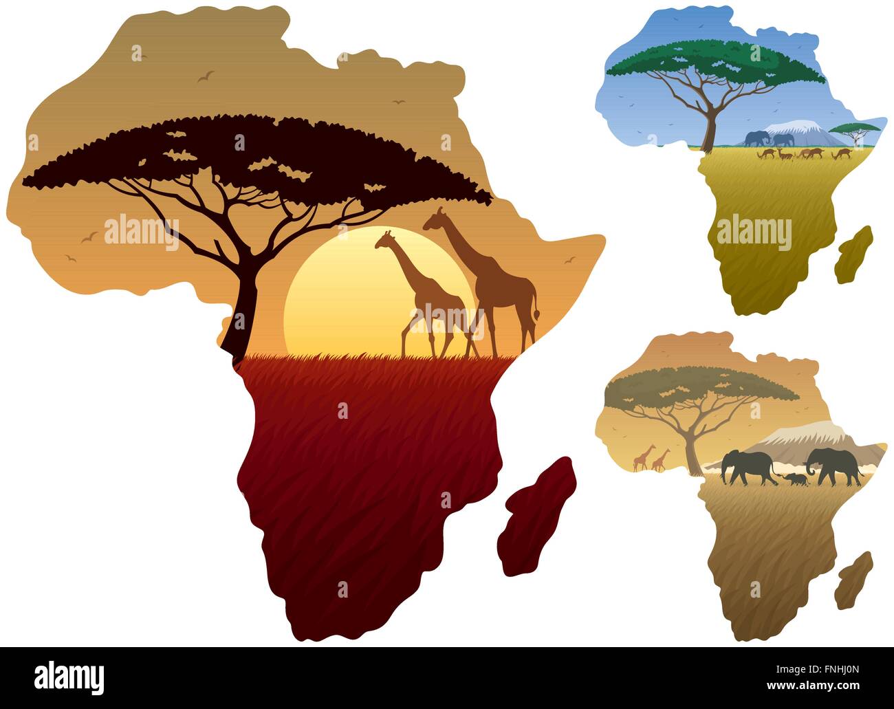 Tre paesaggi africani nella mappa di Africa. Illustrazione Vettoriale