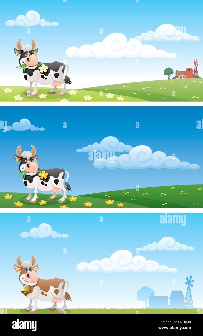 Cartoon mucca pascolare sui prati. Illustrazione è in 3 diverse versioni. Illustrazione Vettoriale