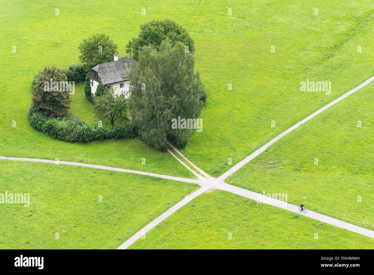 Ciclista sulla bicicletta in corrispondenza di un incrocio con cinque percorsi circondato da prati e una casa a Salisburgo, Tirolo, Austria Foto Stock