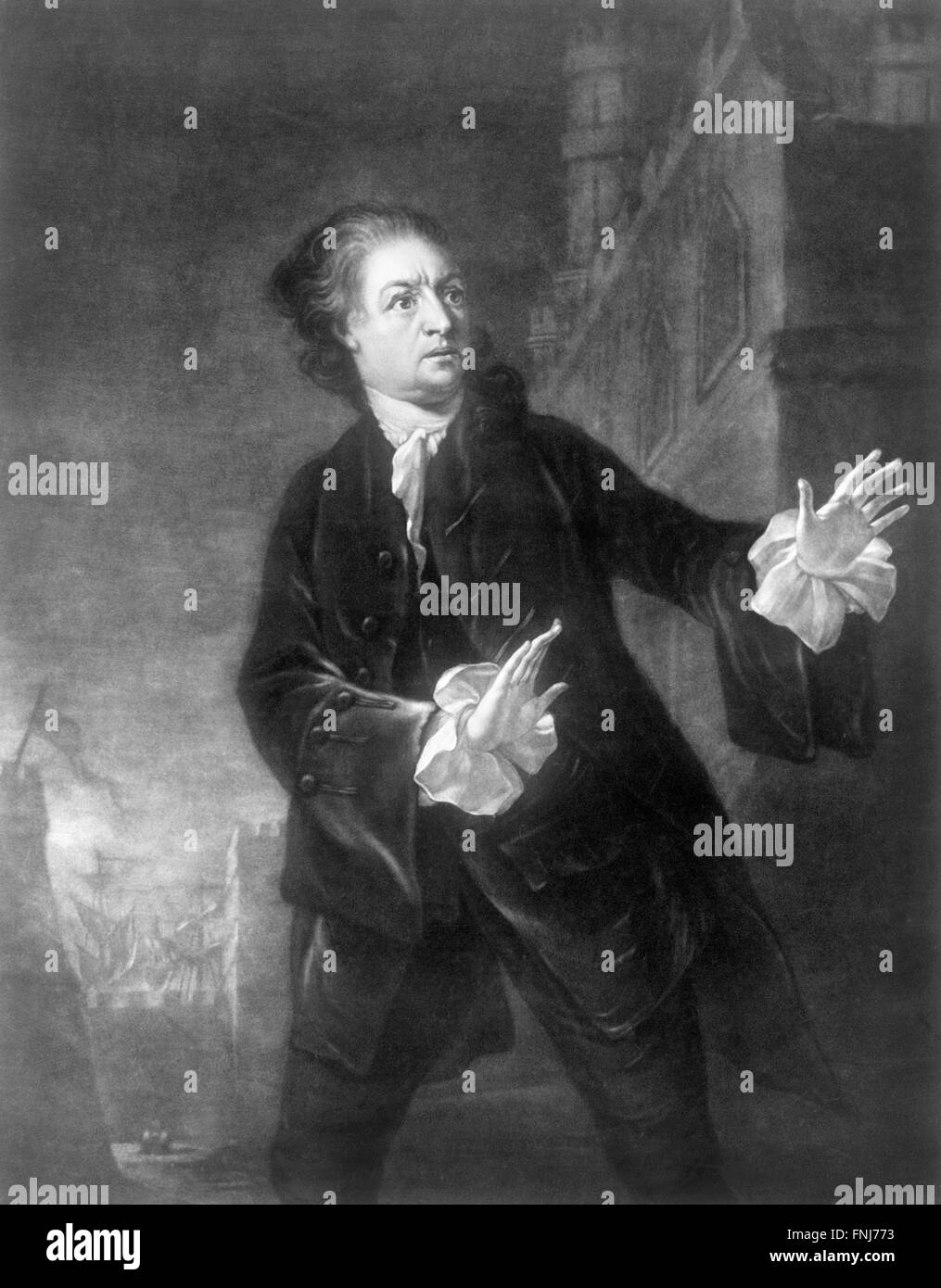 Il settecento attore, drammaturgo e direttore di teatro, David Garrick, nel ruolo di Amleto. Incisione di James McArdell da un dipinto di Benjamin Wilson, 1754 Foto Stock