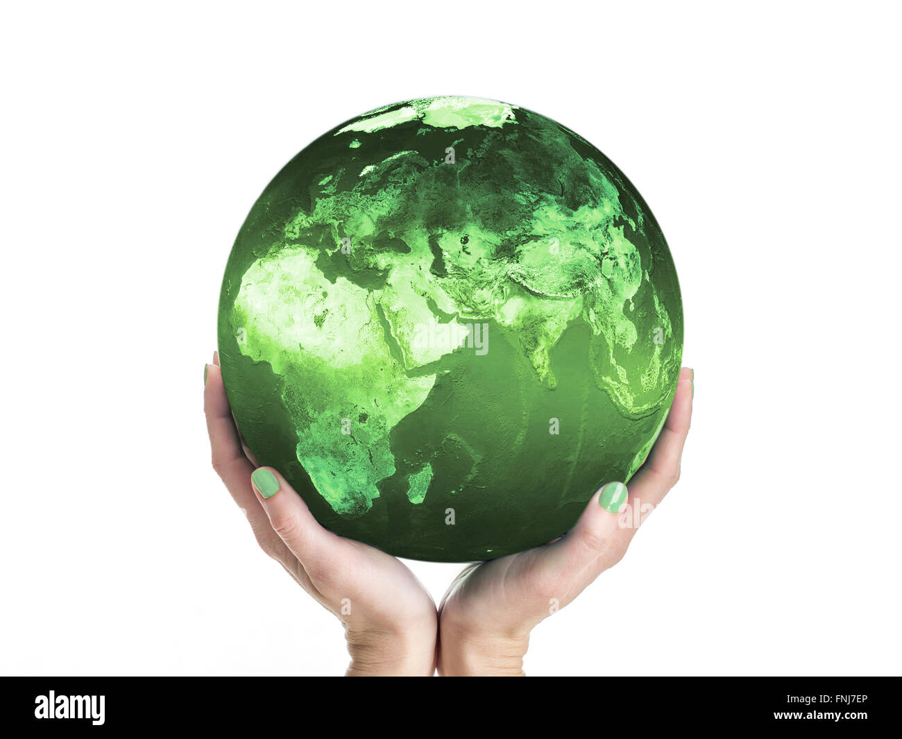 Green Planet Earth essendo supportata da mani femminili. Foto Stock