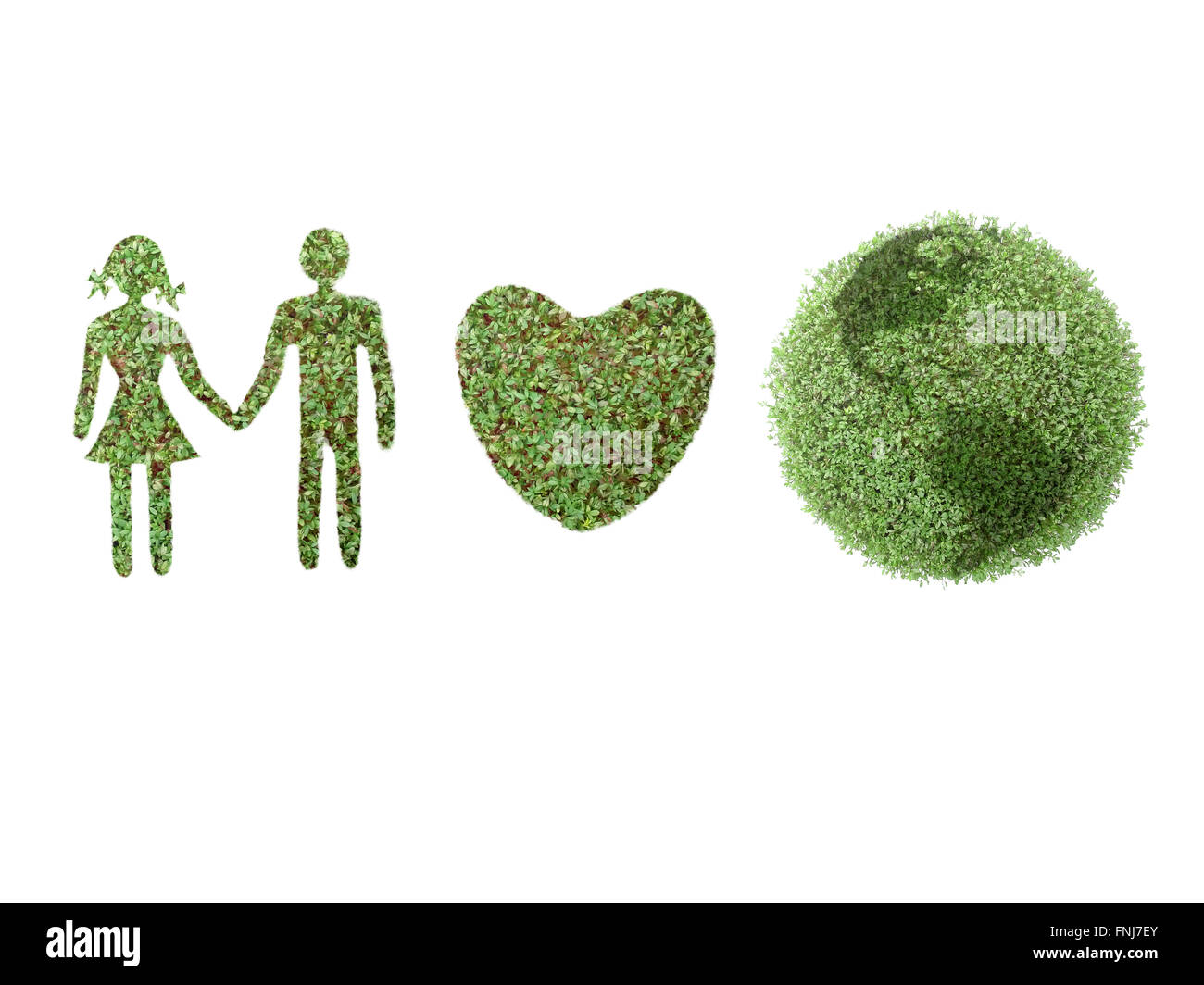Icone verdi di sesso maschile e femminile, il cuore e il globo terrestre su bianco Foto Stock