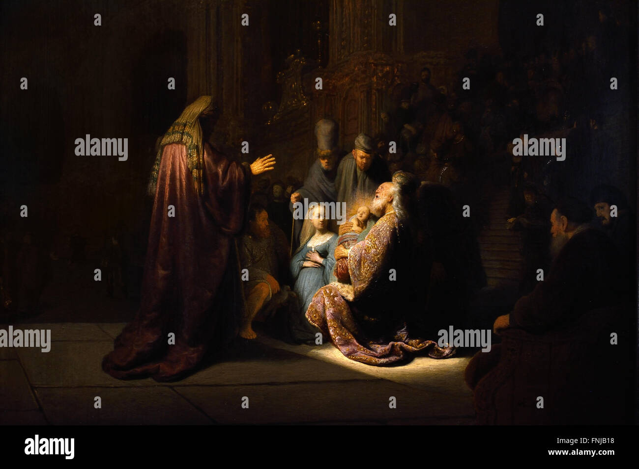 Simeone il canto di lode 1631 Harmenszoon Rembrandt van Rijn1606-1669 Paesi Bassi olandese ( Giuseppe e Maria sono nel tempio di dedicare loro neonato Gesù a Dio, dove il bambino è riconosciuto da Simeone come il Messia atteso. Il vecchio uomo lo prende tra le sue braccia e prorompe in un canto di lode. La luce divina che inondazioni Simeone sembra essere splendente dal bambino stesso. ) Foto Stock