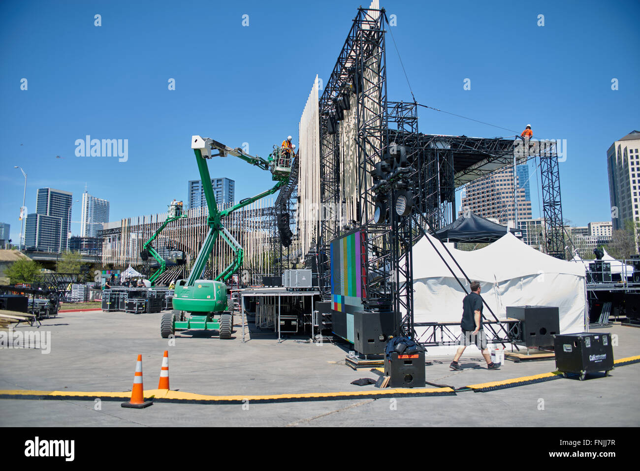Austin TX, Stati Uniti d'America il 14 marzo 2016. L' equipaggio è a lavoro per questo anni MTV Woodies 10 per 16 essendo trattenuto il 16 marzo al SXSW (c) Jon-Paul Jones/Alamy Live News Foto Stock