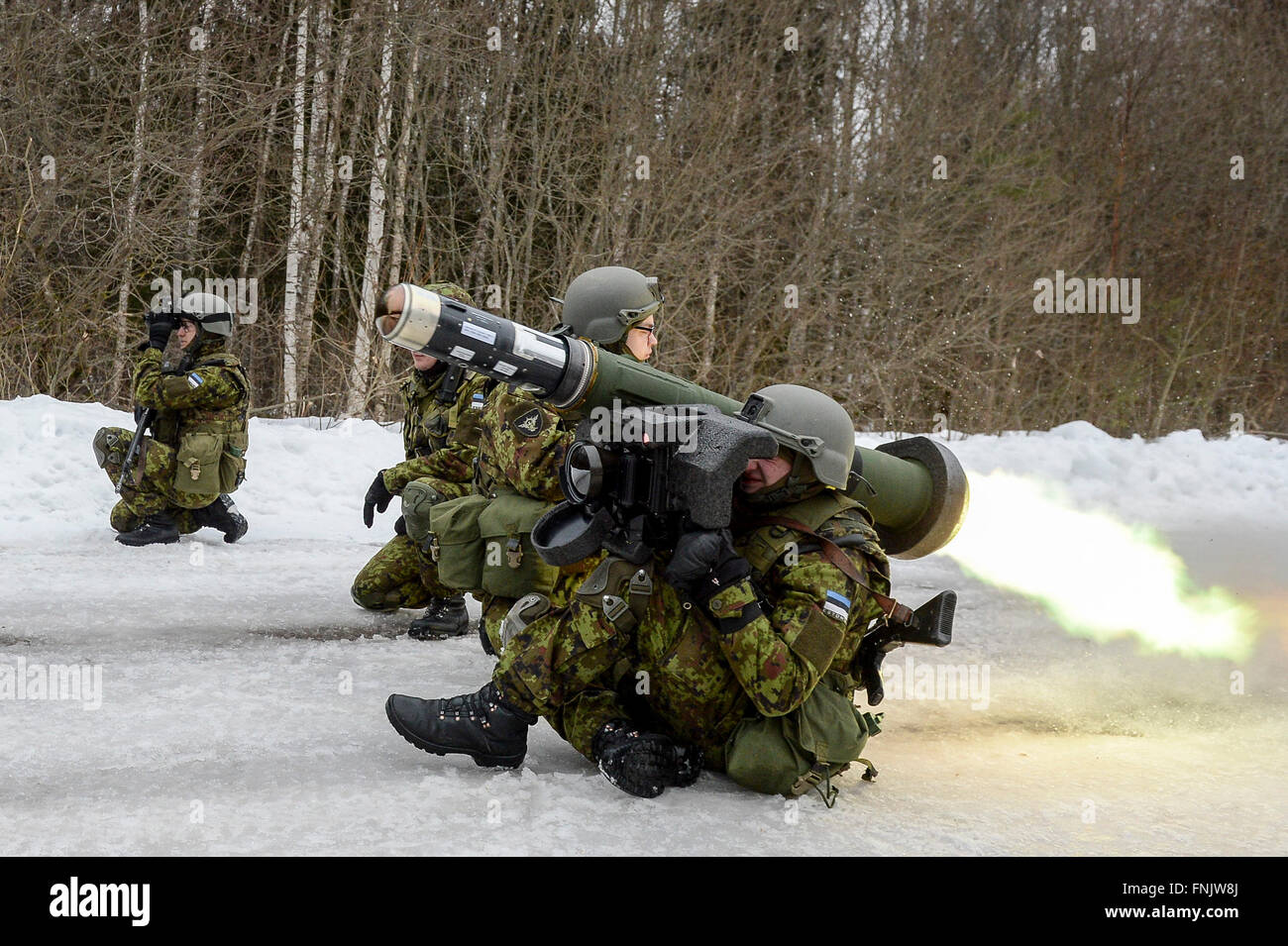 Sirgala, American man-portable fire-e-dimentica anti-missile serbatoio sistema durante un anti-serbatoio in formazione Sirgala. Xv Mar, 2016. Soldati fire MGF-148 giavellotto, un uomo americano-portable fire-e-dimentica anti-missile serbatoio sistema durante un anti-serbatoio in formazione Sirgala, nel nordest dell'Estonia il 15 marzo 2016. La formazione si è svolta in un campo selvatico in Sirgala come preparazione per l'Estonia-esercitazioni NATO 'Spring tempesta" che si terrà a maggio 2016 nel sud dell'Estonia. © Sergei Stepanov/Xinhua/Alamy Live News Foto Stock