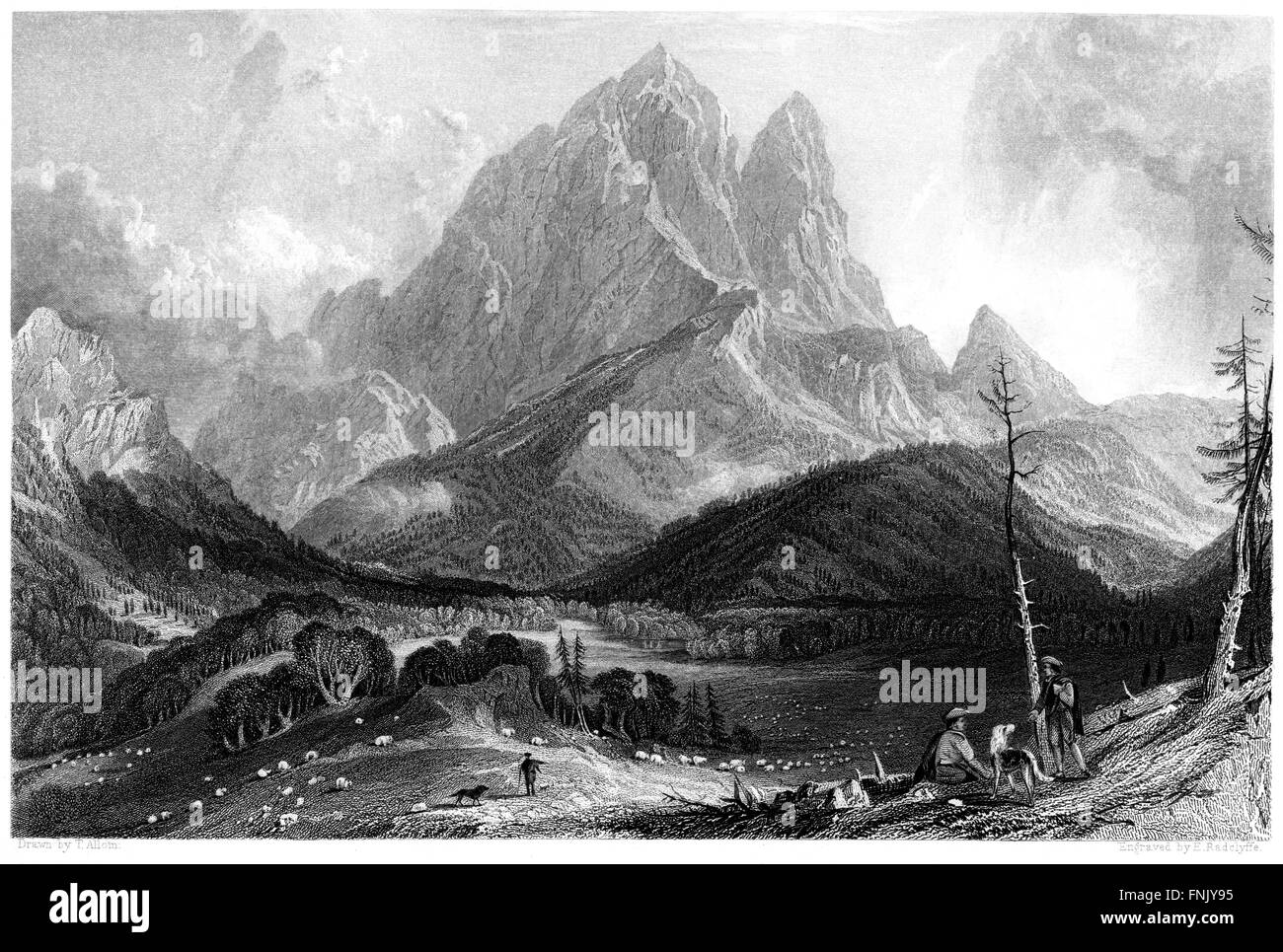 Un'incisione di Pic du Midi d'Ossau in Francia scansionata ad alta risoluzione da un libro stampato nel 1876. Creduto libero di copyright. Foto Stock