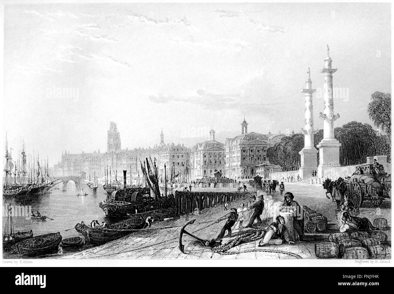 Una incisione di Quay di Luigi XVIII, Bordeaux scansionati ad alta risoluzione da un libro stampato in 1876. Ritiene copyright free. Foto Stock