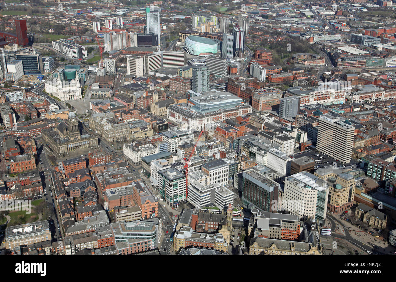 Vista aerea del centro cittadino di Leeds, West Yorkshire, Regno Unito Foto Stock