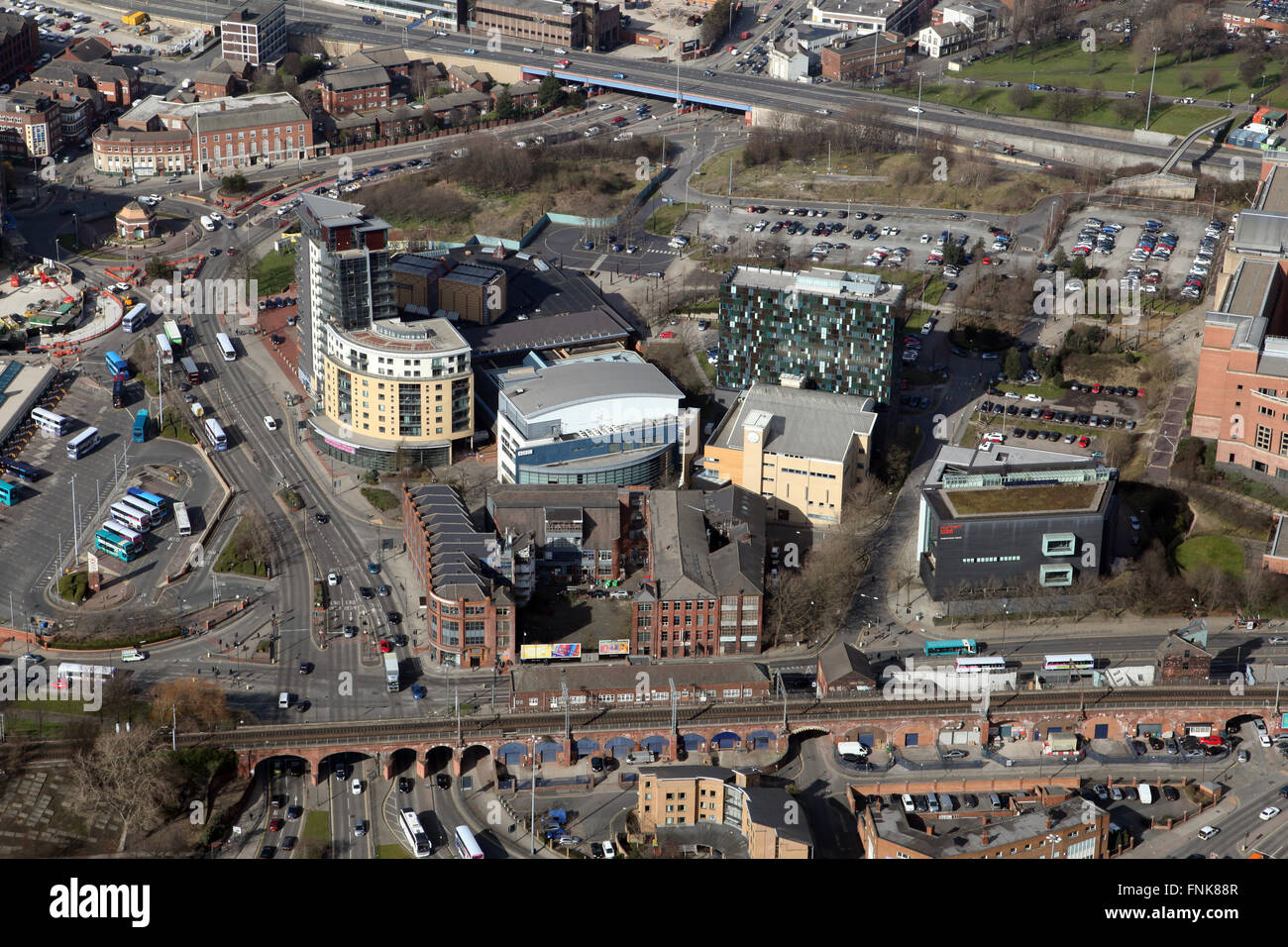 Vista aerea di Quarry Hill Leeds, West Yorkshire Playhouse, Northern Ballet, Leeds College of Music, Skyline apartments, REGNO UNITO Foto Stock