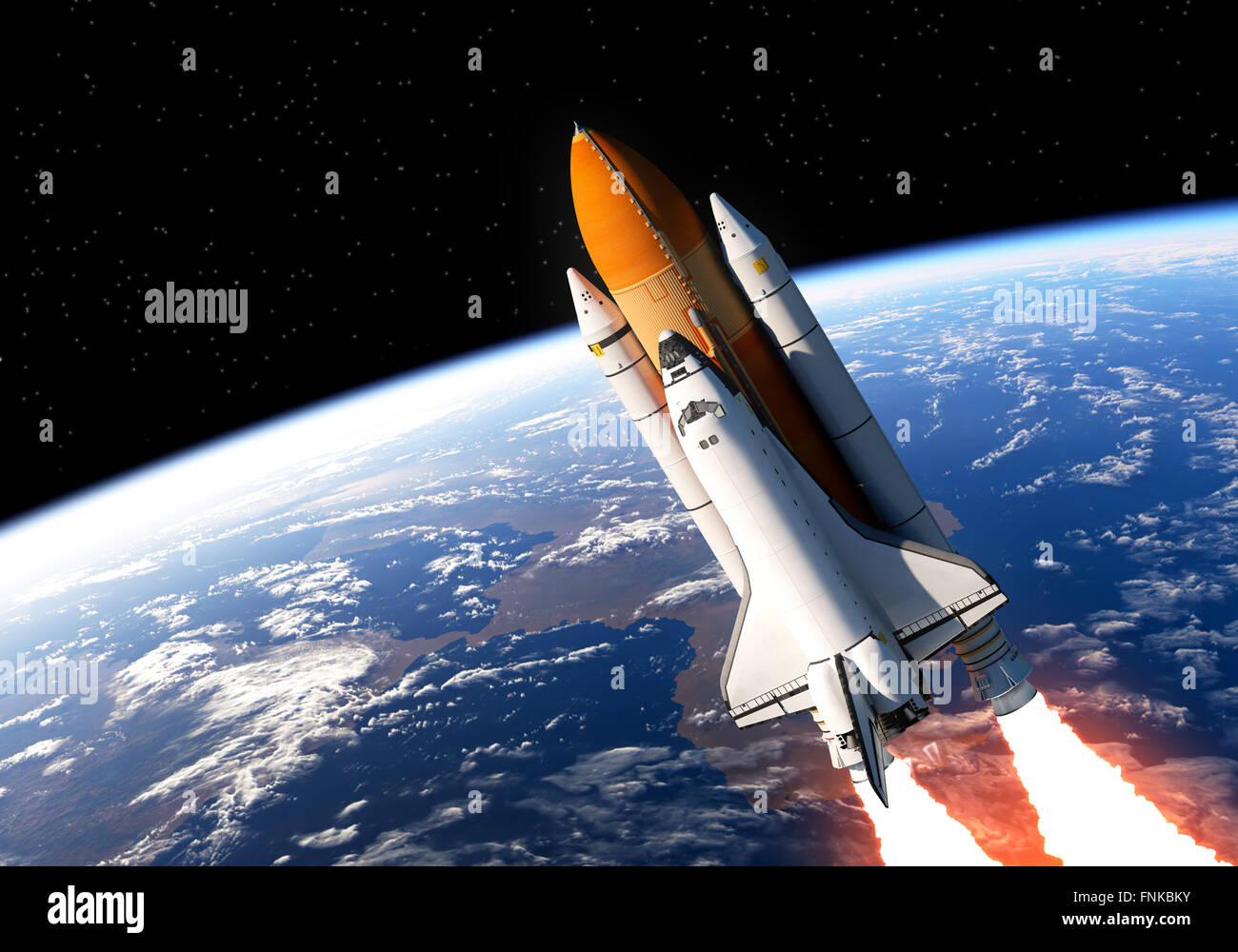 Space Shuttle nello spazio. Realistiche scene 3D. Foto Stock