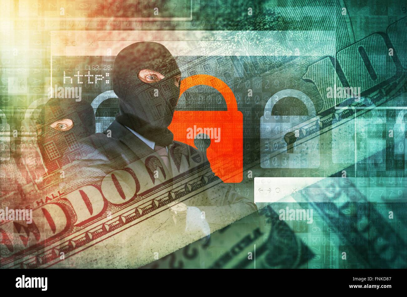 Cyber Crime concetto illustrazione. Gli hacker professionisti in maschere nere mescolate con la Finanziaria le immagini correlate. Finanziari Online Sa Foto Stock