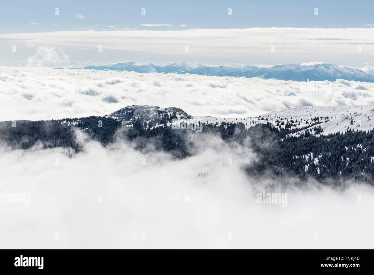Un picco roccioso del Monte Vitosha ricoperta di neve e nebbia. Vista contro il cielo nuvoloso. Foto Stock